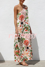 Botanical Print Elegant Strappy One-shoulder Resort Maxi Dress