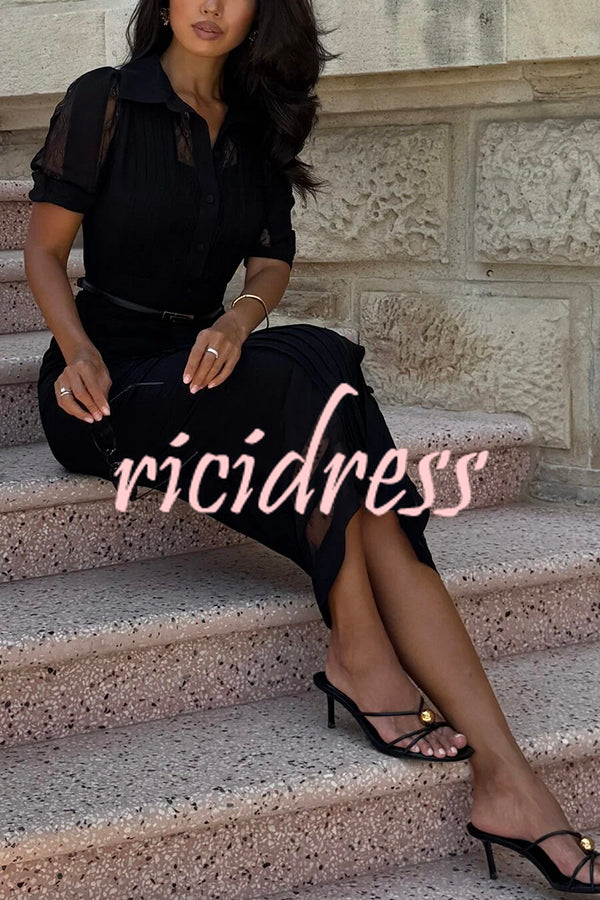 Lysette Lace Trim Pleated Button Up Short Sleeve Shirt Midi Dress