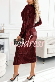 Coralia Sequin V-neck Long Sleeve Twist Waist Front Slit Midi Dress