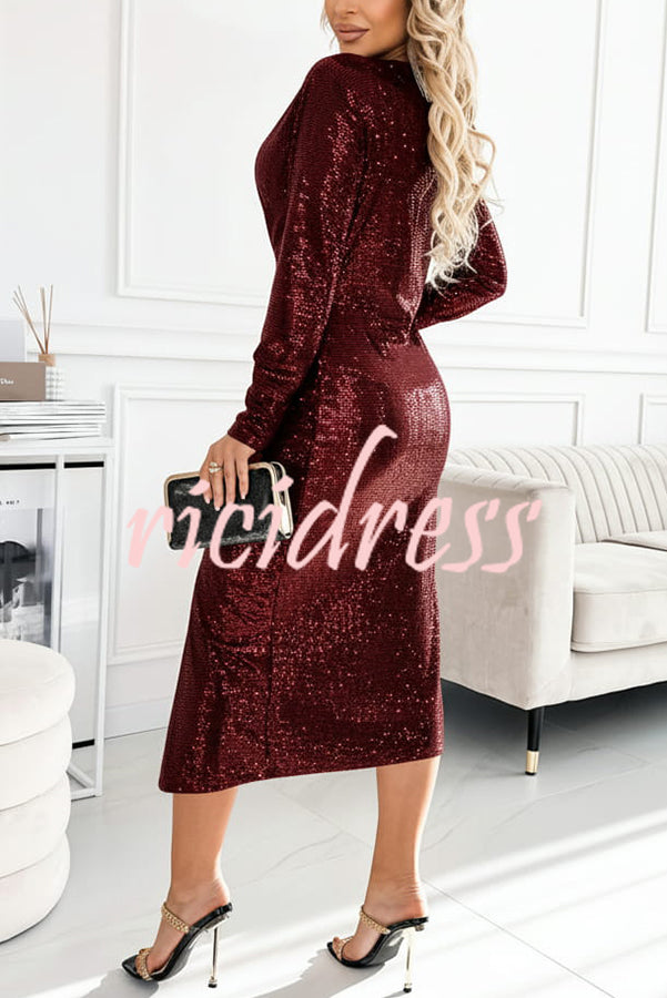 Coralia Sequin V-neck Long Sleeve Twist Waist Front Slit Midi Dress