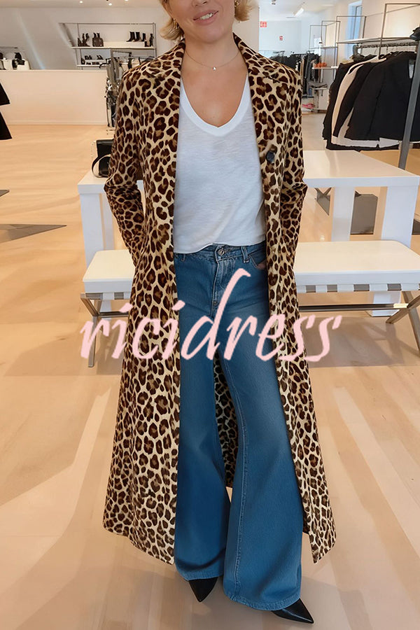Leopard Print Long Sleeve Pocket Casual Maxi Trench Coat