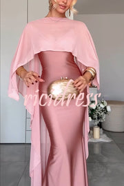 Party Charm Satin Sheer Chiffon High Low Cape Slip Maxi Dress