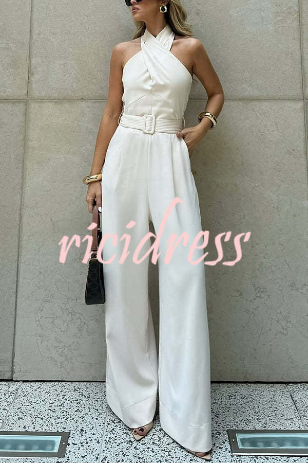 Solid Color Halterneck Sleeveless Waisted Casual Pocket Straight Jumpsuit