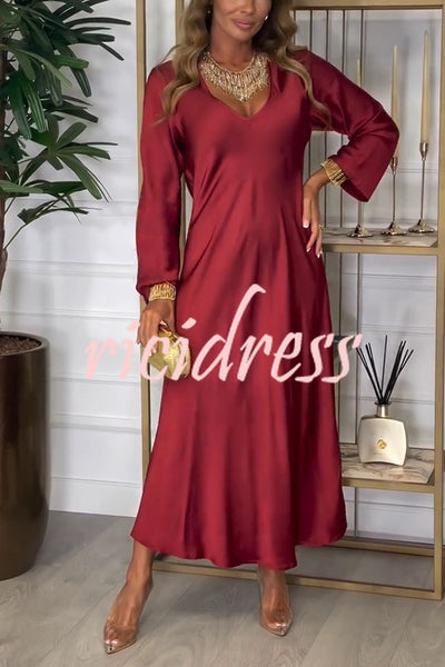 Solid Color V-neck Long-sleeved Loose Draped Maxi Dress