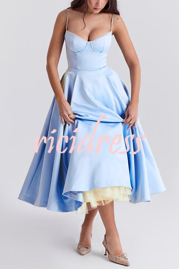 Fairytale Vibe Satin Patchwork Tulle Sweetheart Neck Pocket Stretch Midi Dress