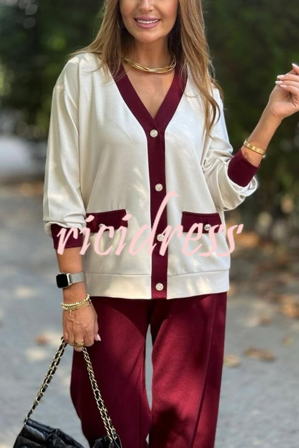 Stylish Color-blocked V-neck Knitted Button-down Cardigan and Elastic Waist Casual Wide-leg Pants Set
