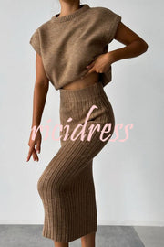 Triko Knit Short Sleeve Sweater and Stretch Ribbed Midi Skirt Set