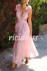 Wedding Dreams Chiffon Printed Flutter Sleeve Cutout Back Lace-up Maxi Dress