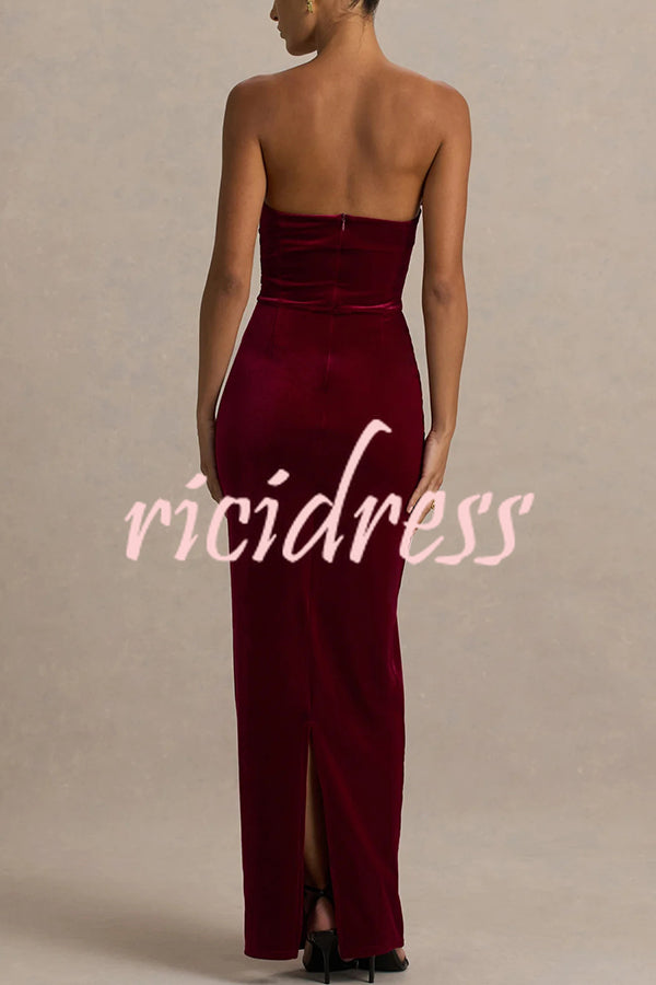 Illusion Velvet Bandeau neck Bow detail Stretch Maxi Dress