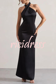 Solid Color Halter Neck Tie Sexy Backless Slim Maxi Dress