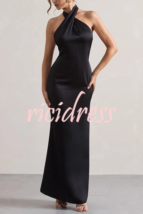 Solid Color Halter Neck Tie Sexy Backless Slim Maxi Dress