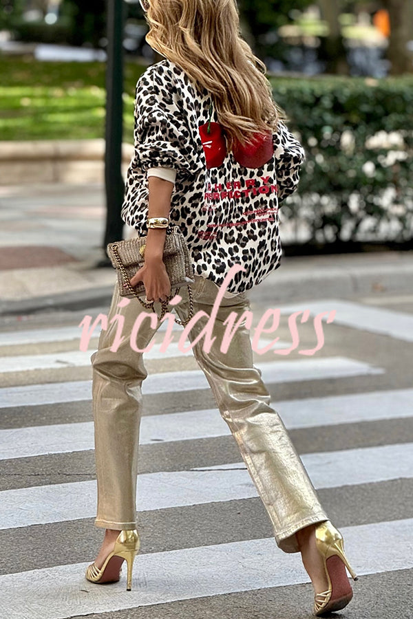 Unique Modern Feel Leopard and Cherry Print Casual Sweatshirt