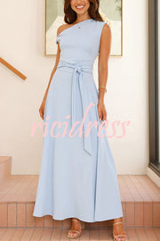 Solid Color Sloped Collar Slim Fit Waist Lace Up Full Hem Maxi Dress