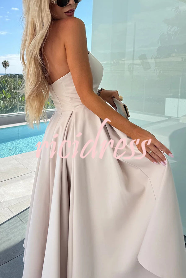 Sweet Cascade Solid Color Off Shoulder Pocket Full Hem Midi Dress