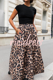 Leopard Print Pocket Pleated Hem Maxi Skirt