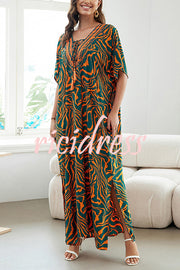 Floral Print V-Neck Lace-Up Loose Holiday Cover-Up Maxi Dress