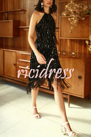Sexy Sleeveless Halter Neck Tassel Sequin Mini Dress