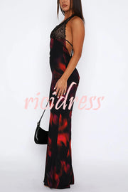 Fashion Printed Halter Neck Backless Lace-Up Sexy Slim Maxi Dress