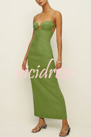 Sharyn Linen Blend Bodice Cutout Back Tie-up Slit Slip Maxi Dress