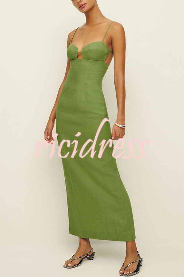 Sharyn Linen Blend Bodice Cutout Back Tie-up Slit Slip Maxi Dress