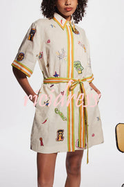 Britt Linen Blend Unique Printed Short Sleeved Pocket Tie Waist Mini Dress