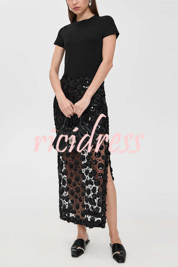 Gorgeous Flower Embellished Sequin Sheer High Rise Slit Midi Skirt