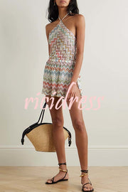 Juney Knit Colorful Zigzag Pattern Halter Neck Slit Wide Leg Loose Romper