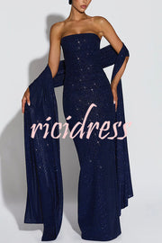 Pandra Glittery Crepe Fabric Off Shoulder Ruched Slit Cape Maxi Dress