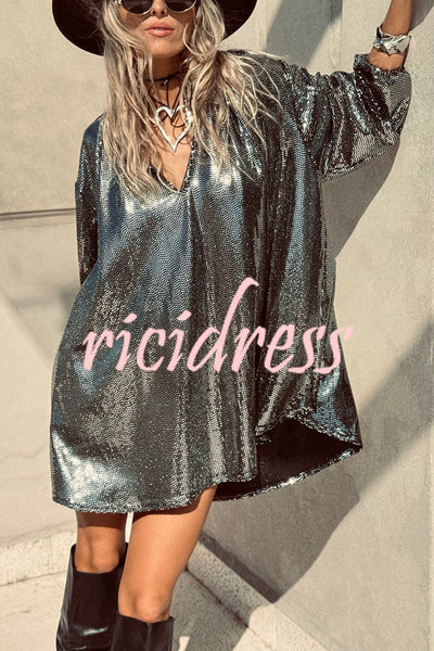 Party Queen Glitter Fabric V-neck Balloon Sleeve Loose Mini Dress