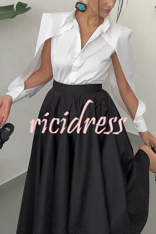 Stylish Lapel Cutout Long-sleeved Shirt and Full-hem Maxi Skirt Set