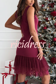 Breezy City Tulle Lace Tiered Hem Stretch Tank Mini Dress