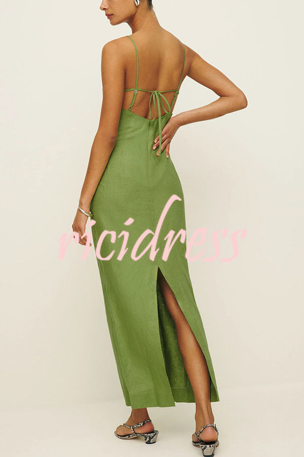 Sharyn Linen Blend Bodice Cutout Back Tie-up Slit Slip Maxi Dress