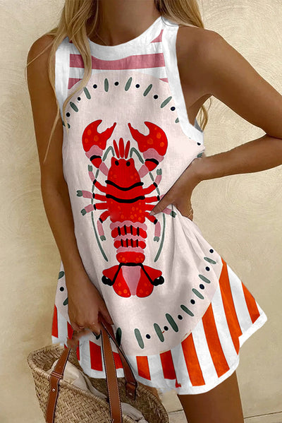 Watercolor Lobster Print Sleeveless Resort Mini Dress