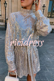 Fashionable Sequined Long-sleeved Belted Casual Mini Dress