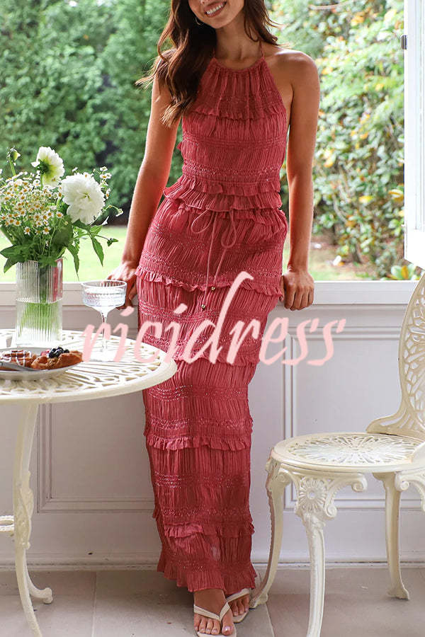 Feel Chic and Romantic Sequin Textured Material Back Elastic Halter Tie Tank and Drawstring Waist Tiered Maxi Skirt Set