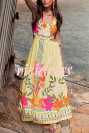 Resort Style Unique Print Sexy Square Neck Backless Waist Maxi Dress