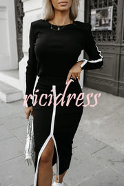 Stylish Paneled Long Sleeve Crew Neck Top and Elastic Waist Slit Midi Skirt Set