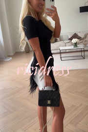 Marcelle Feather Trim Short Sleeve Color-block Him Mini Dress