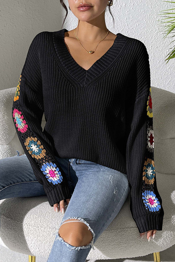 Fashion Hook Flower Long Sleeve V-Neck Loose Knitted Sweater