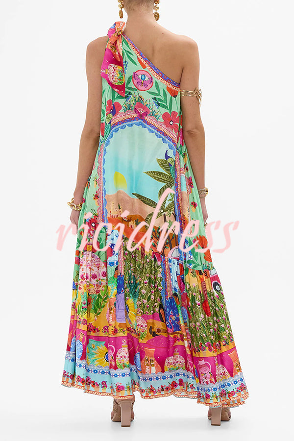 Queens of Creation Unique Print One Shoulder Tie-up Pocketed Loose Maxi Dress