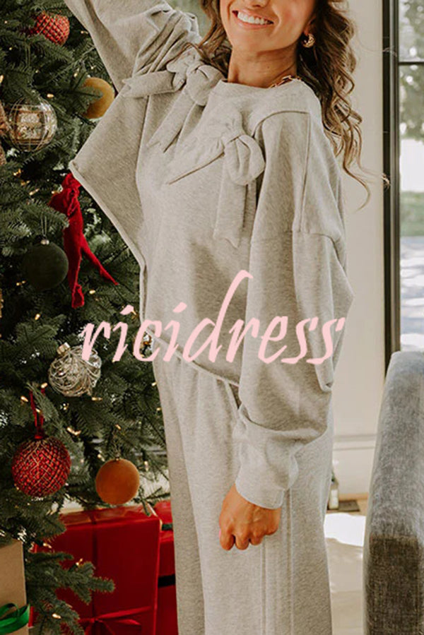 Dear Daydream Loose Bow Tie Long-Sleeved Sweatshirt and Elastic Waist Pocket Pants Set