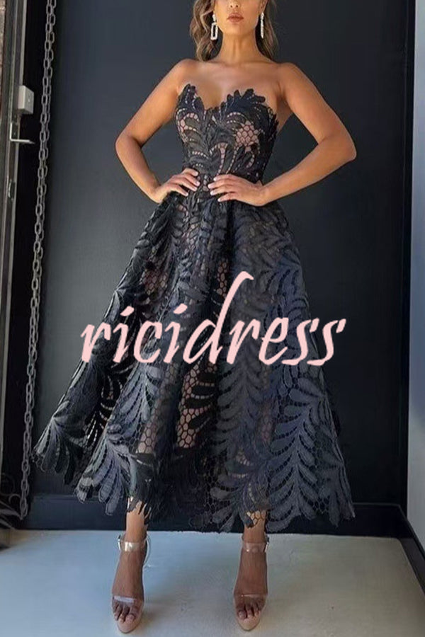 Elegant Openwork Lace Strapless Full-hem Midi Dress