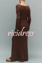 Solid Color V-neck Long-sleeved Slim-fit Elegant Knit Maxi Dress