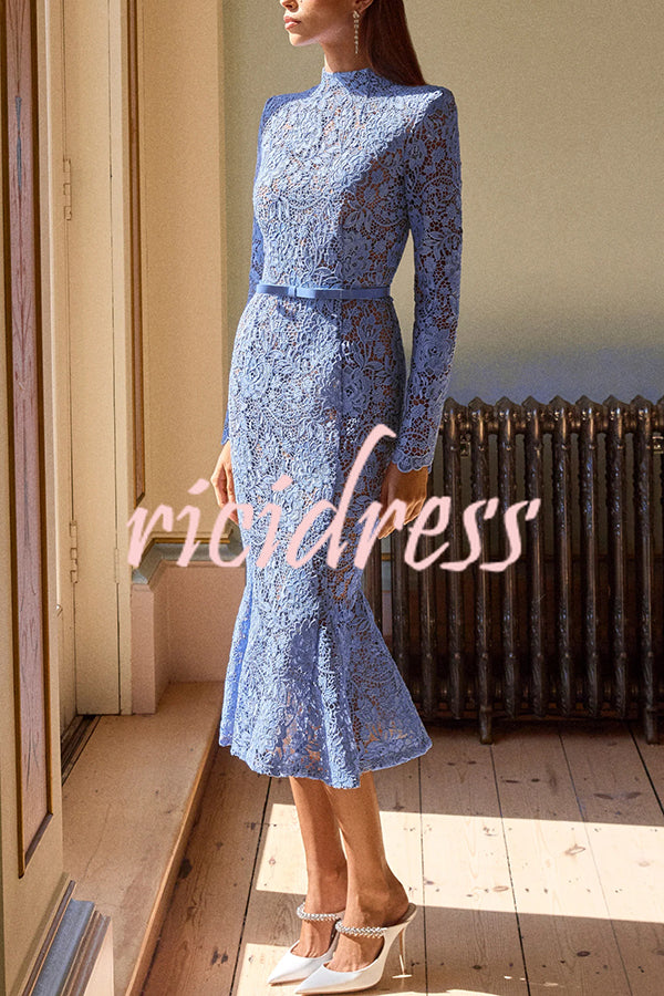 Feminine and Elegant Flower Lace Long Sleeve Bow Belted Flare Midi Dress