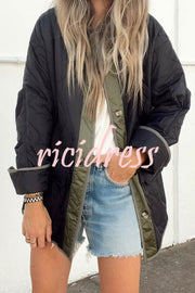 Contrast Crew Neck Buttoned Long Sleeve Quilted Cotton Jacket