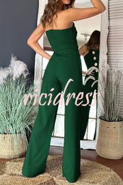 Solid Color Sexy Tube Top Gold Button Embellished Bootcut Jumpsuit