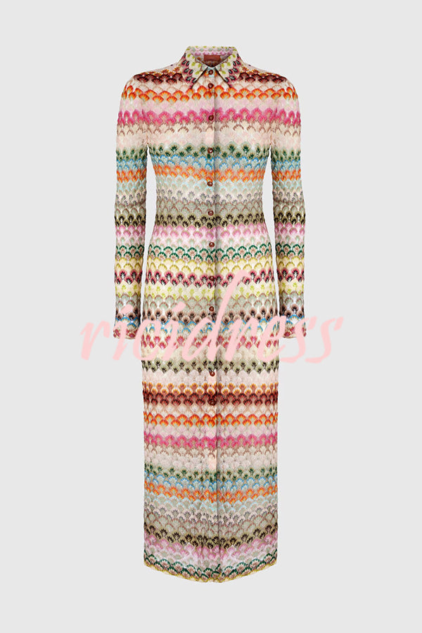 Anna Knit Colorful Herringbone Print Shirt Neck Button Long Sleeve Slim-fit Long Cardigan