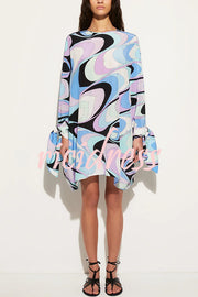 Micah Satin Unique Print Slit Tie-up Sleeve Shift Kaftan Mini Dress
