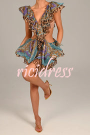 Dreamy Island Floral Leopard Print Cutout Waist Tiered Ruffles Mini Dress