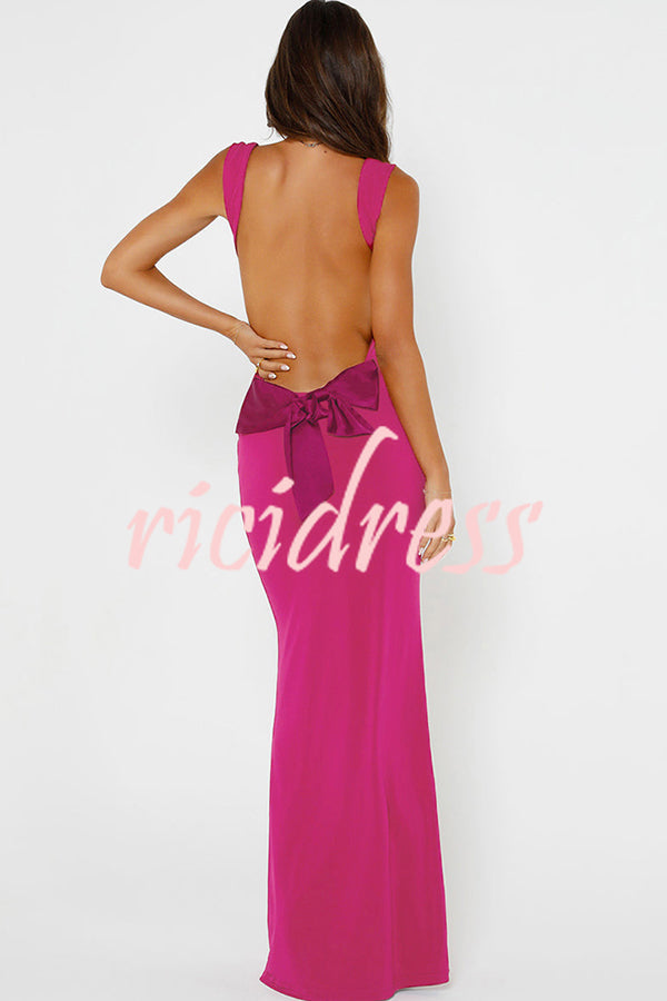 Sexy Backless Stitching Bow Slim Maxi Dress